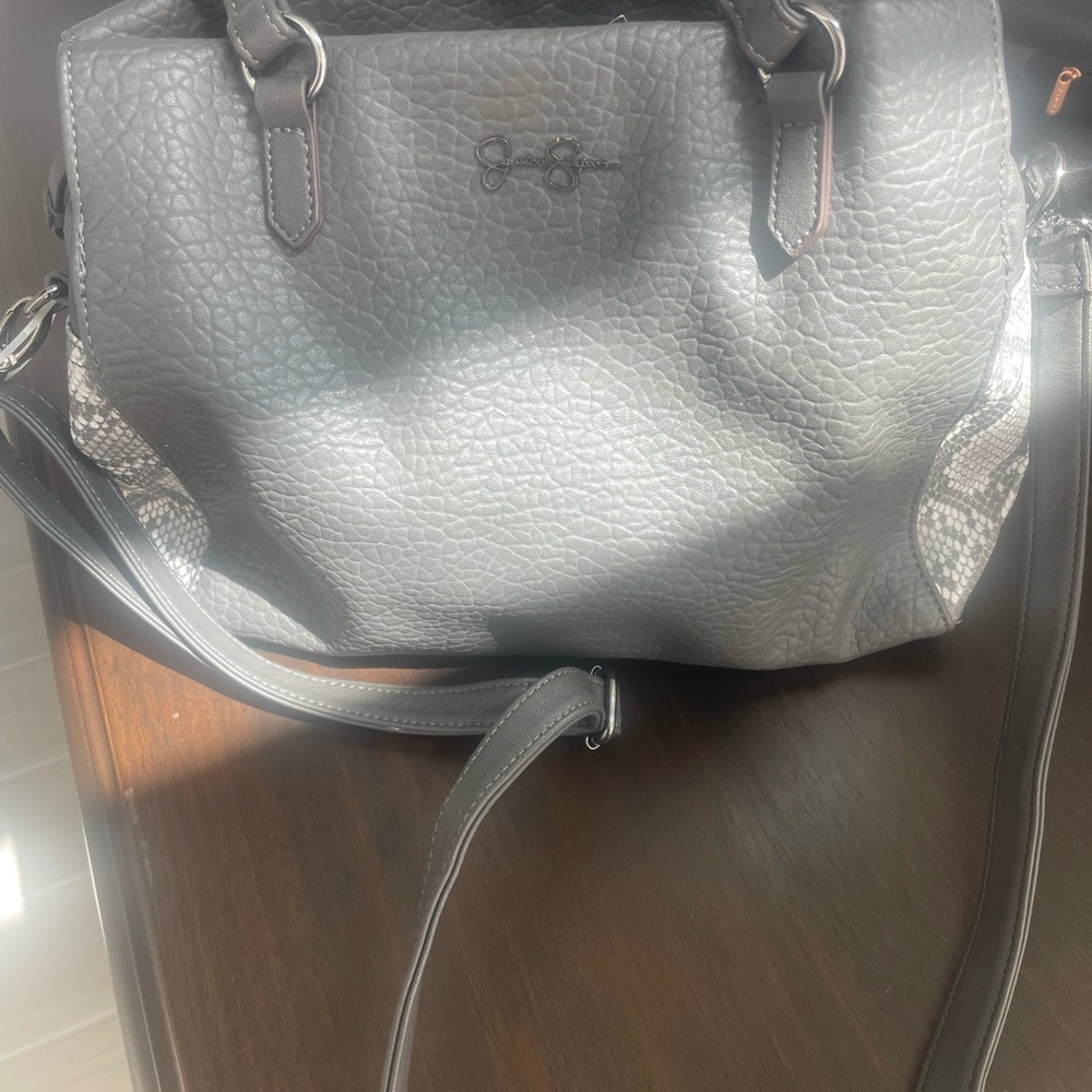Gray Textured Satchel with Metal Hardware